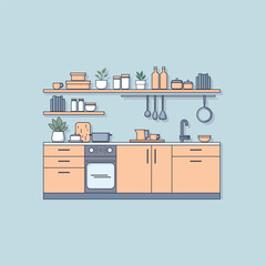 Flat illustration of modern kitchen interior with furniture, appliances and utensils, vector illustration - 619699199