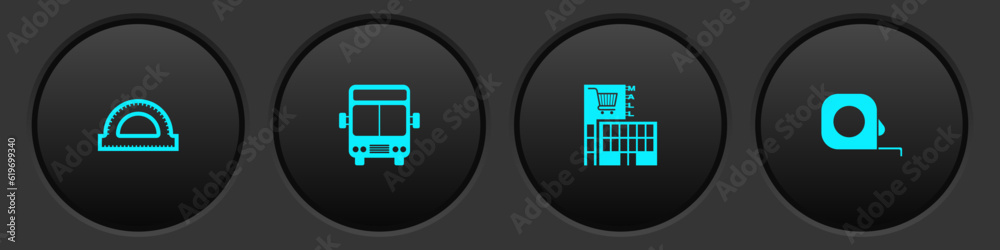 Sticker Set Protractor grid, Bus, Mall supermarket building and Roulette construction icon. Vector