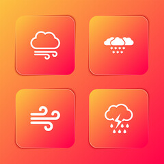 Set Windy weather, Cloud with snow, and rain and lightning icon. Vector