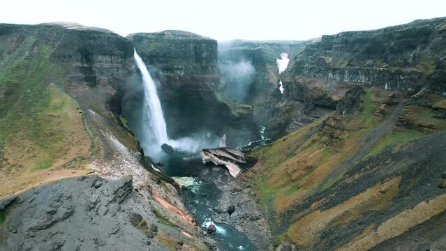 Aerial shot of Haifoss waterfalls (High Waterfall) in the summer, Iceland