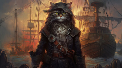 Siberian cat in an old port, generative ai