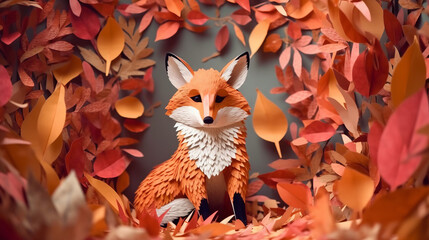 red fox in the autumn, paper cut art paper in shape of fox, generative ai