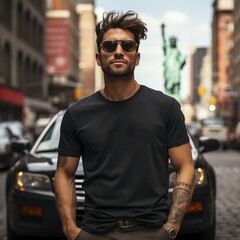 Fototapeta premium Illustration of a fashion portrait with plain t-shirt mockup&nbsp;, AI Generated