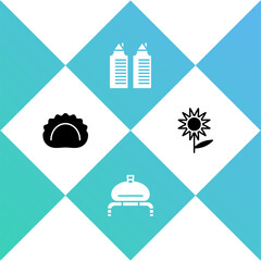 Set Dumplings, Bread and salt, Two towers Dnipro and Sunflower icon. Vector