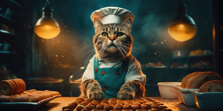 Portrait a cat dressed as a baker at bakery, generative ai