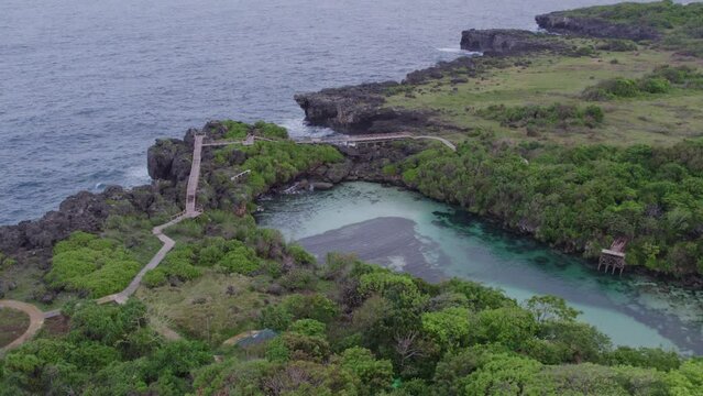 Panoramic shot of the Waikuri Lagoon with nobody at Sumba Indonesia, aerial