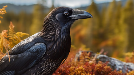 Naklejka premium raven on the ground, raven in a norwegian mountains, generative ai
