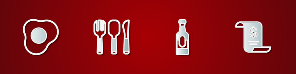 Set Scrambled eggs, Fork, spoon and knife, Wine bottle and Paper financial check icon. Vector