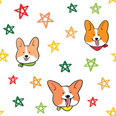 Seamless Pattern with Cartoon Corgi Dog Face and Star Design on White Background