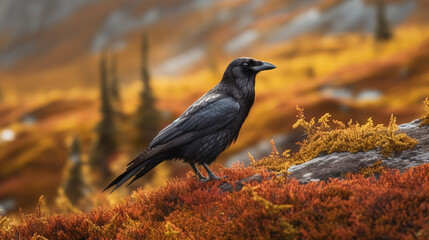 raven on the ground, raven in a norwegian mountains, generative ai