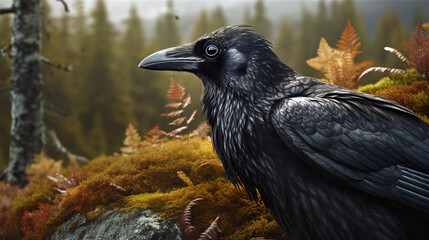 Fototapeta premium raven on the ground, raven in a norwegian mountains, generative ai