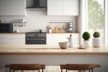 Kitchen interior with wooden table and kitchenware, 3d rendering