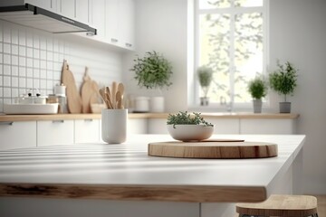 Fototapeta na wymiar Interior of modern kitchen with white walls, concrete floor, white countertops and wooden cupboards. 3d rendering