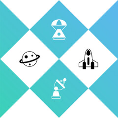 Set Planet Saturn, Satellite dish, Space capsule and Rocket ship icon. Vector