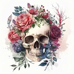 Deurstickers Aquarel doodshoofd Skull with roses. Hand drawn watercolor illustration on white background