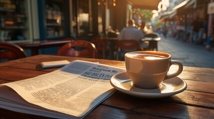 closeup of a freshly brewed cup of coffee at a table with a newspaper on it 