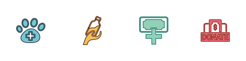 Set Veterinary clinic, Donation water, and charity and icon. Vector