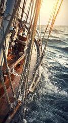 ship in the sea, close shot of a broken sail on a stormy sea, generative ai