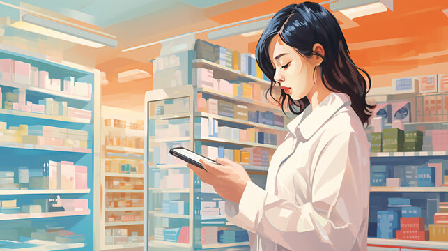 Woman using a tablet im a pharmacy style like oil painting