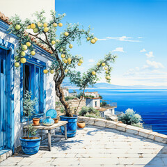 greece decoration pieces in mediterane style as watercolor painting - obrazy, fototapety, plakaty