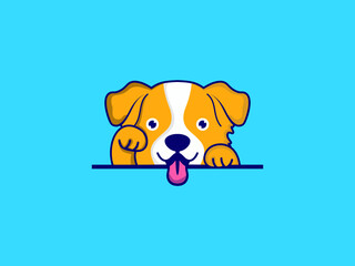 Funny dogs paws up over blue wall, vector illustration