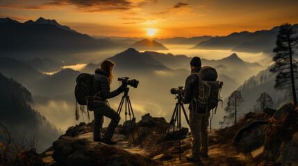 Fototapeta premium silhouette of a couple in the mountains, generative ai