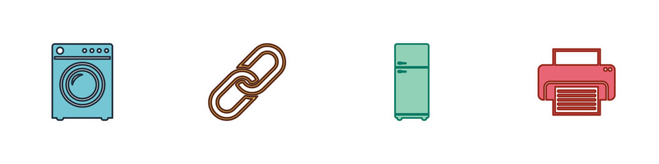 Set Washer, Chain link, Refrigerator and Printer icon. Vector