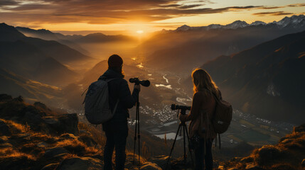 Fototapeta premium silhouette of a couple in the mountains, generative ai