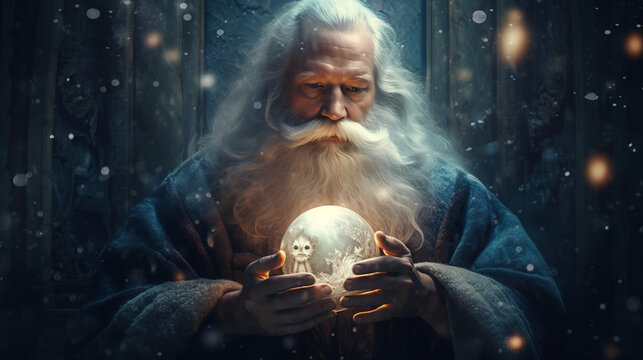 Santa Claus holding a big crystal globe, generative ai