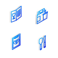 Set Isometric line Online ordering and delivery, Restaurant cafe menu, and Knife spoon icon. Vector