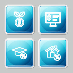 Set line Dollar plant, Monitor with dollar, Graduation cap and coin and House percant discount icon. Vector