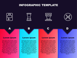 Set line Exam sheet with A plus grade, Old hourglass, Stage stand and Chemical formula. Business infographic template. Vector