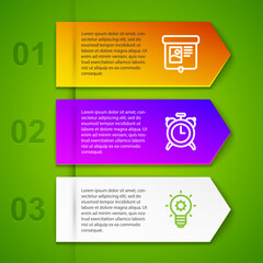 Set line Projection screen, Alarm clock and Light bulb. Business infographic template. Vector