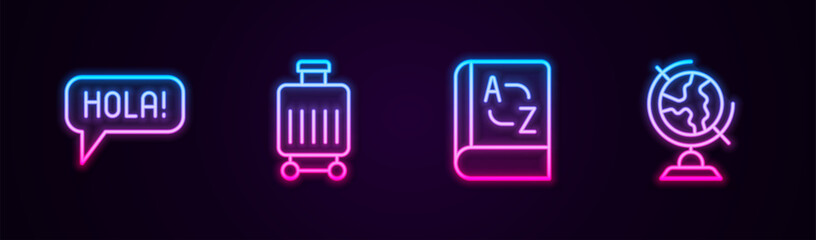 Set line Hola in different languages, Suitcase, Translator book and Earth globe. Glowing neon icon. Vector © vector_v