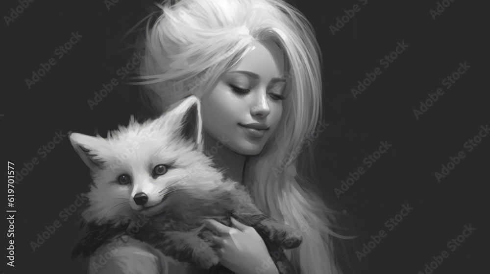 Wall mural Beautiful girl with white fox, generative ai