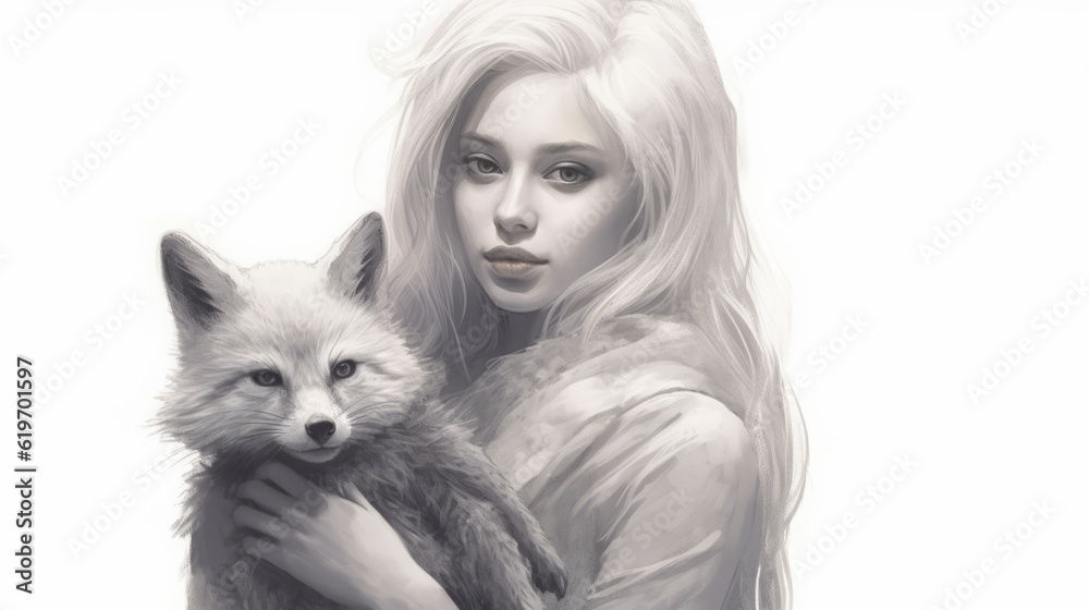 Poster Beautiful girl with white fox, generative ai