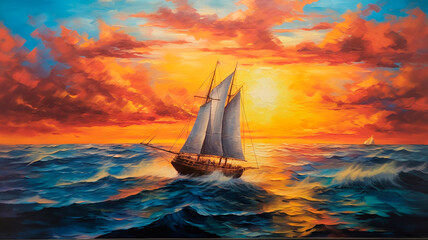 Fototapeta na wymiar sailboat boat at sunset on the ocean, oil paint thick epic blue sea waves, clouds, acrylic masterpiece. Generative AI