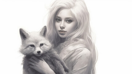 Beautiful girl with white fox, generative ai