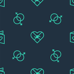 Set line Candy in heart shaped box, Gender and Valentines day flyer with on seamless pattern. Vector