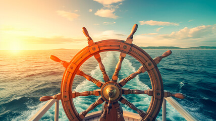 ship wheel on boat with sea and sky. freedom and adventure. direction concept. Generative AI - obrazy, fototapety, plakaty