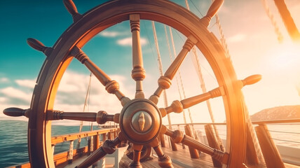 ship wheel on boat with sea and sky. freedom and adventure. direction concept. Generative AI