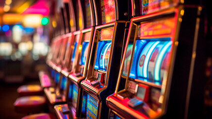 Fototapeta na wymiar Slot machines in a casino in a close-up shot, macro shot. Generative AI
