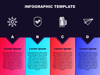 Set line Copywriting network, Shield with check mark, POS terminal and Paper plane. Business infographic template. Vector