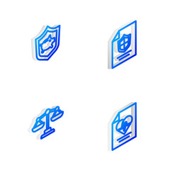 Set Isometric line Contract with shield, Piggy bank, Scales of justice and Health insurance icon. Vector