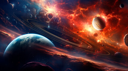 Space digital artwork. Surreal fantasy cosmos. Nebula with planets and stars. Generative AI