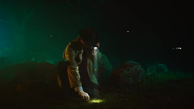 cinematic shot portrait of a stylish retro detective who collects evidence crime scene wide view
