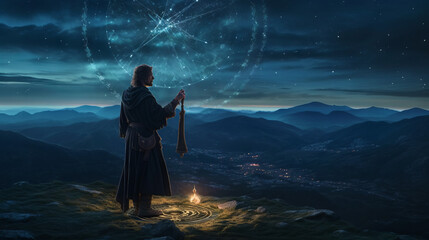 Obraz premium halloween scene with moon, sorcerer using an astrolabe to gain forbiden power, generative ai