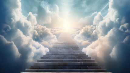 Stairs to heaven visualization. Stone stairs going up to the cloudy sky visualization. Bright light visible in clouds representing heaven. Generative AI