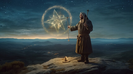 halloween scene with moon, sorcerer using an astrolabe to gain forbiden power, generative ai - obrazy, fototapety, plakaty