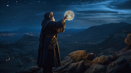Fototapeta na wymiar halloween scene with moon, sorcerer using an astrolabe to gain forbiden power, generative ai